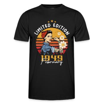 75 years old - Born in February 1949 - Men's Functional T-Shirt - black - Front - AI Model Male 178 dark (178cm)
