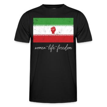Iranische Flagge Frau mit Faust Unterstützung Frauen von - Männer Funktions-T-Shirt - Schwarz - Vorne - AI Model Male 178 dark (178cm)