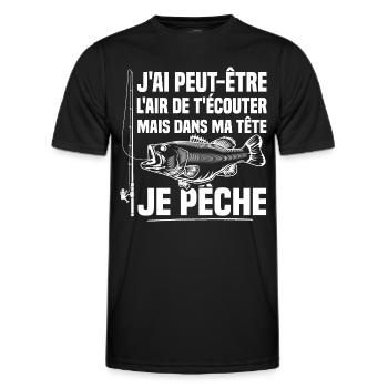 Dans ma tête je pêche / Pêcheur humour - T-shirt sport Homme - noir - Devant - AI Model Male 178 dark (178cm)