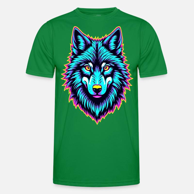 Neon Wolfskopf – Psychedelisch leuchtendes Tierdesign Männer Funktions-T-Shirt