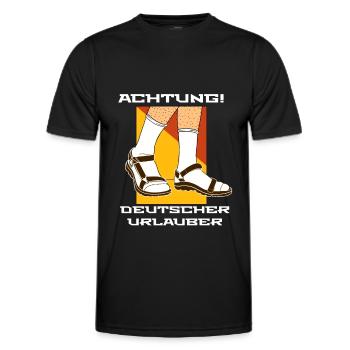 Achtung Deutscher Urlauber Socken in Sandalen - Männer Funktions-T-Shirt - Schwarz - Vorne - AI Model Male 178 dark (178cm)