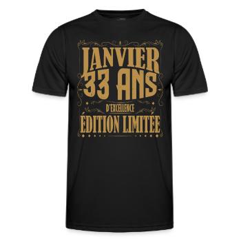 Janvier 33 ans. Cadeau 33 ans janvier anniversaire - T-shirt sport Homme - noir - Devant - AI Model Male 178 dark (178cm)