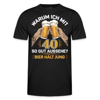 Pourquoi est-ce que j’ai l’air si bien à 40 ans ? La bière vous garde jeune - T-shirt sport Homme - noir - Devant - AI Model Male 178 dark (178cm)