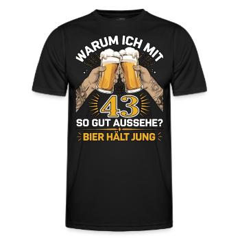 Pourquoi est-ce que j’ai l’air si bien à 43 ans ? La bière vous garde jeune - T-shirt sport Homme - noir - Devant - AI Model Male 178 dark (178cm)