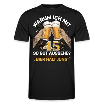 Pourquoi est-ce que j’ai l’air si bien à 45 ans ? La bière vous garde jeune - T-shirt sport Homme - noir - Devant - AI Model Male 178 dark (178cm)