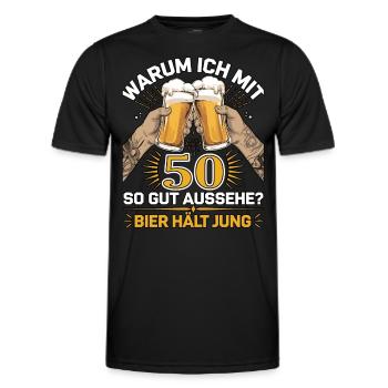 Pourquoi est-ce que j’ai l’air si bien à 50 ans ? La bière vous garde jeune - T-shirt sport Homme - noir - Devant - AI Model Male 178 dark (178cm)