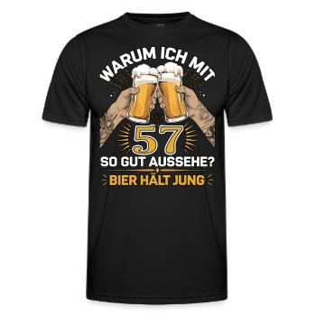 Pourquoi est-ce que j’ai l’air si bien à 57 ans ? La bière vous garde jeune - T-shirt sport Homme - noir - Devant - AI Model Male 178 dark (178cm)