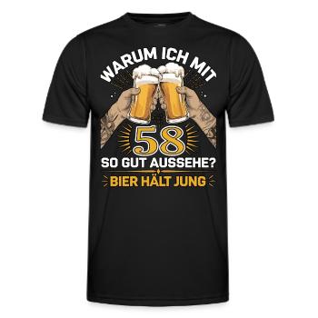 Pourquoi est-ce que j’ai l’air si bien à 58 ans ? La bière vous garde jeune - T-shirt sport Homme - noir - Devant - AI Model Male 178 dark (178cm)