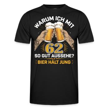 Pourquoi est-ce que j’ai l’air si bien à 62 ans ? La bière vous garde jeune - T-shirt sport Homme - noir - Devant - AI Model Male 178 dark (178cm)