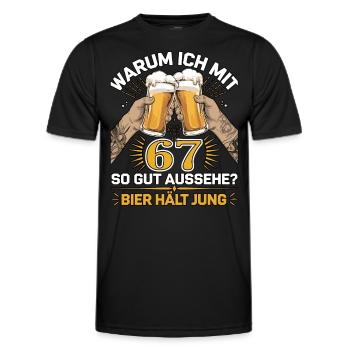 Pourquoi est-ce que j’ai l’air si bien à 67 ans ? La bière vous garde jeune - T-shirt sport Homme - noir - Devant - AI Model Male 178 dark (178cm)