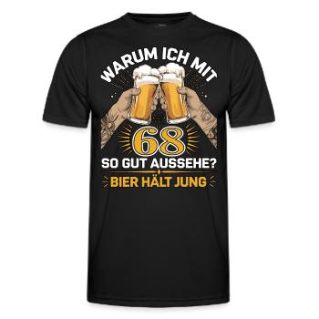 Pourquoi est-ce que j’ai l’air si bien à 68 ans ? La bière vous garde jeune - T-shirt sport Homme - noir - Devant - AI Model Male 178 dark (178cm)