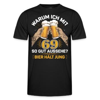 Pourquoi est-ce que j’ai l’air si bien à 69 ans ? La bière vous garde jeune - T-shirt sport Homme - noir - Devant - AI Model Male 178 dark (178cm)