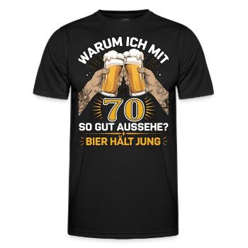 Pourquoi est-ce que j’ai l’air si bien à 70 ans ? La bière vous garde jeune - T-shirt sport Homme - noir - Devant - AI Model Male 178 dark (178cm)