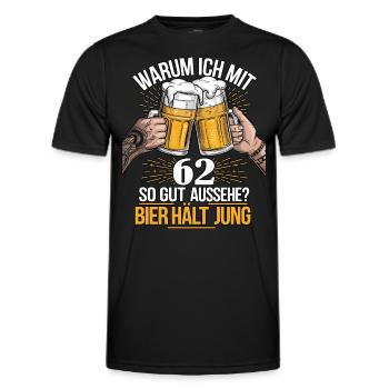 Pourquoi est-ce que j’ai l’air si bien à 62 ans ? La bière vous garde jeune - T-shirt sport Homme - noir - Devant - AI Model Male 178 dark (178cm)