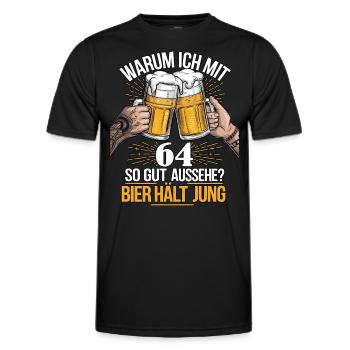Pourquoi est-ce que j’ai l’air si bien à 64 ans ? La bière vous garde jeune - T-shirt sport Homme - noir - Devant - AI Model Male 178 dark (178cm)