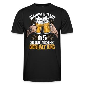 Pourquoi est-ce que j’ai l’air si bien à 65 ans ? La bière vous garde jeune - T-shirt sport Homme - noir - Devant - AI Model Male 178 dark (178cm)