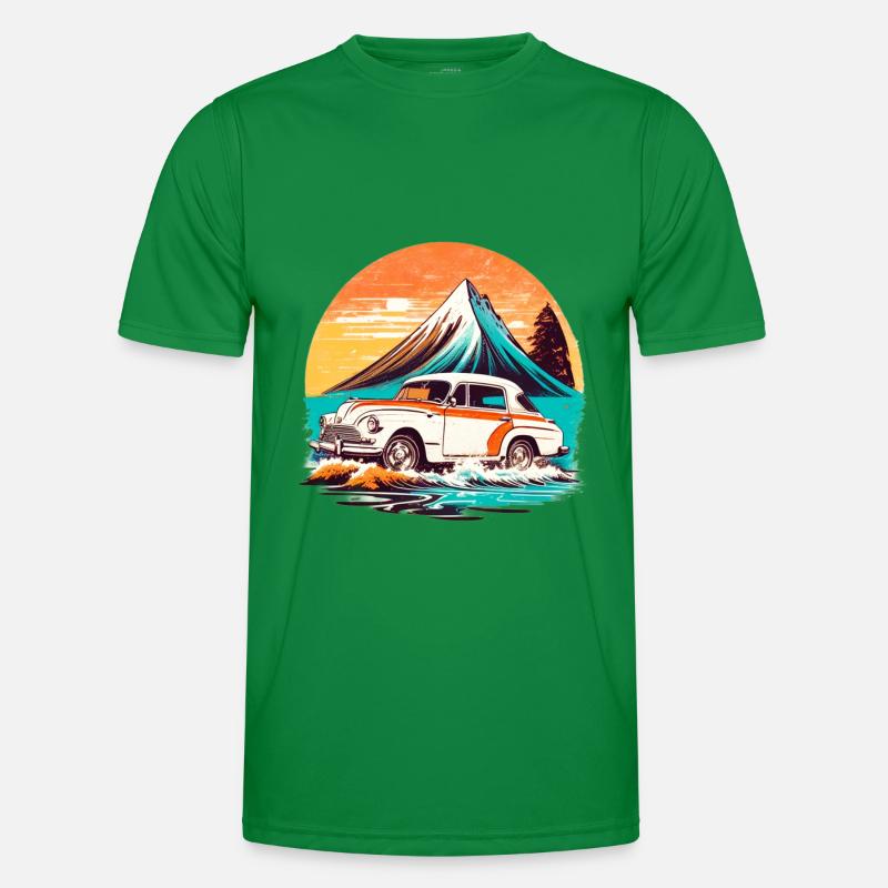 Vintage - Strandblick mit altem Auto Männer Funktions-T-Shirt