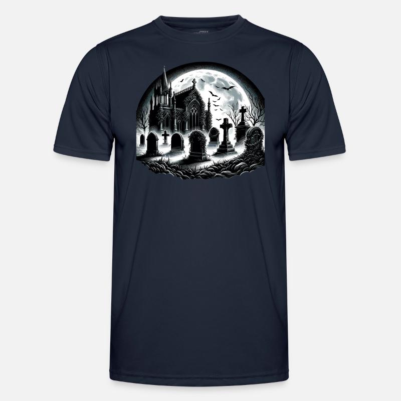 Moonlit Gothic Graveyard: Eerie Night Scene Men's Functional T-Shirt