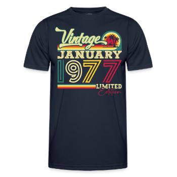 Born 1977 January 46th birthday Gift man - Men's Functional T-Shirt - navy - Front - AI Model Male 178 dark (178cm)