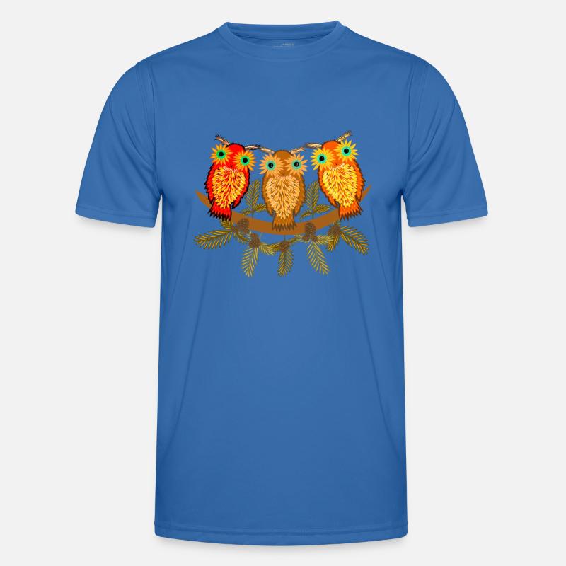 Three colorful owls with pine tree branches - Men's Functional T-Shirt - royal blue