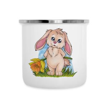 Niedlicher Hase Häschen mit Narzisse Osterglocke - Emaille-Tasse - Weiß - Vorne
