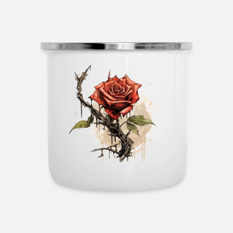 Dornen Rose - Emaille-Tasse - Weiß