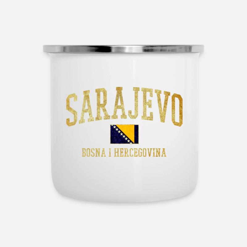 Lettrage doré de Sarajevo avec drapeau bosnien - Tasse émaillée - blanc