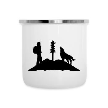 Wandern, Wanderin, Wolf und Berg - Emaille-Tasse - Weiß - Vorne