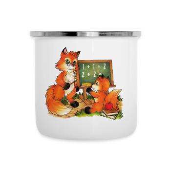 Fuchs Lehrer mit Schulkind Geschenk Einschulung - Emaille-Tasse - Weiß - Vorne