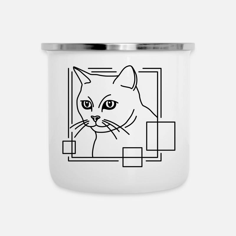 Katze in geometrischer Form - Line-Art-Design - Emaille-Tasse - Weiß