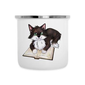 Niedliche Katze mit Buch Schwarzer Kater Geschenk - Emaille-Tasse - Weiß - Vorne