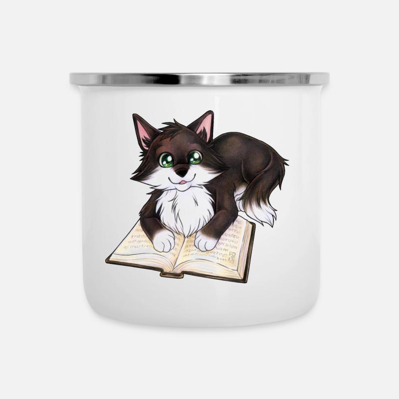 Niedliche Katze mit Buch Schwarzer Kater Geschenk - Emaille-Tasse - Weiß