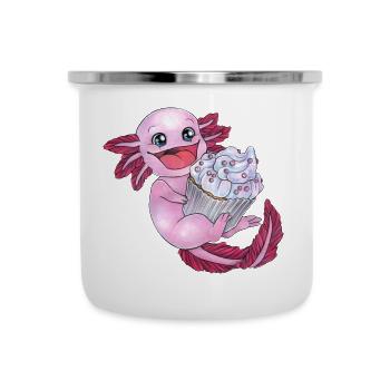 Niedliches Axolotl mit Cupcake freut sich Geschenk - Emaille-Tasse - Weiß - Vorne