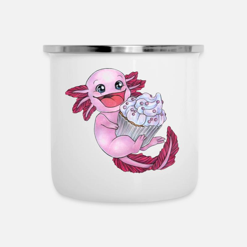 Niedliches Axolotl mit Cupcake freut sich Geschenk - Emaille-Tasse - Weiß