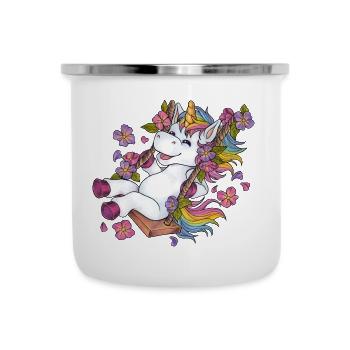 Niedliches Einhorn auf Schaukel Blumen Frühling - Emaille-Tasse - Weiß - Vorne