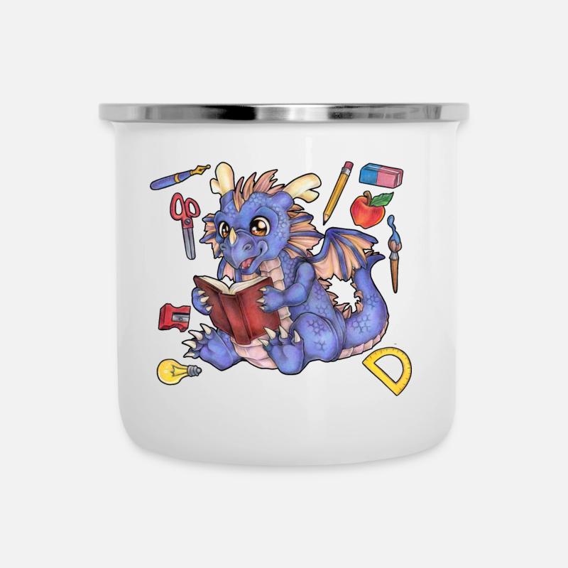 Niedlicher Drache Einschulung Kind Lesen - Emaille-Tasse - Weiß