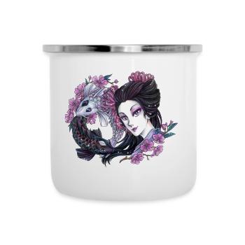 Sexy Geisha im Manga Style mit Japan Koi Fischen - Emaille-Tasse - Weiß - Vorne