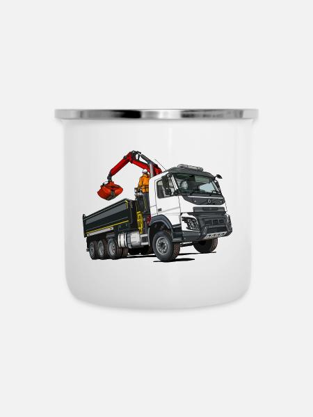 LKW mit Kran - Emaille-Tasse - Weiß