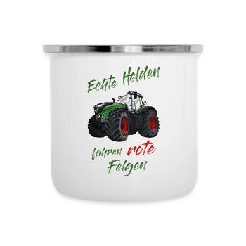 Echte Helden fahren rote Felgen! Traktor Spruch - Emaille-Tasse - Weiß - Vorne
