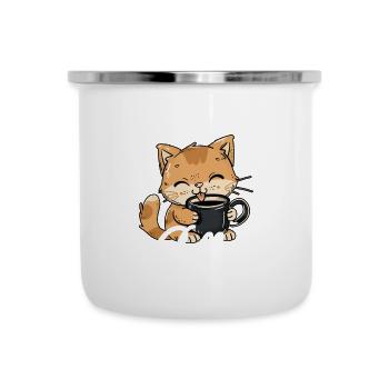 Katze Kaffee But First Coffee Morgenmuffel Lustig - Emaille-Tasse - Weiß - Vorne