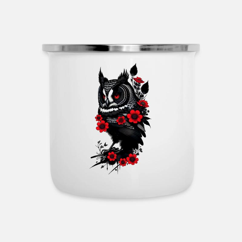 Hibou aux fleurs rouges - Tasse émaillée - blanc