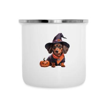 Dachshund Hexe mit Hexenhut Halloween Dackel - Emaille-Tasse - Weiß - Vorne