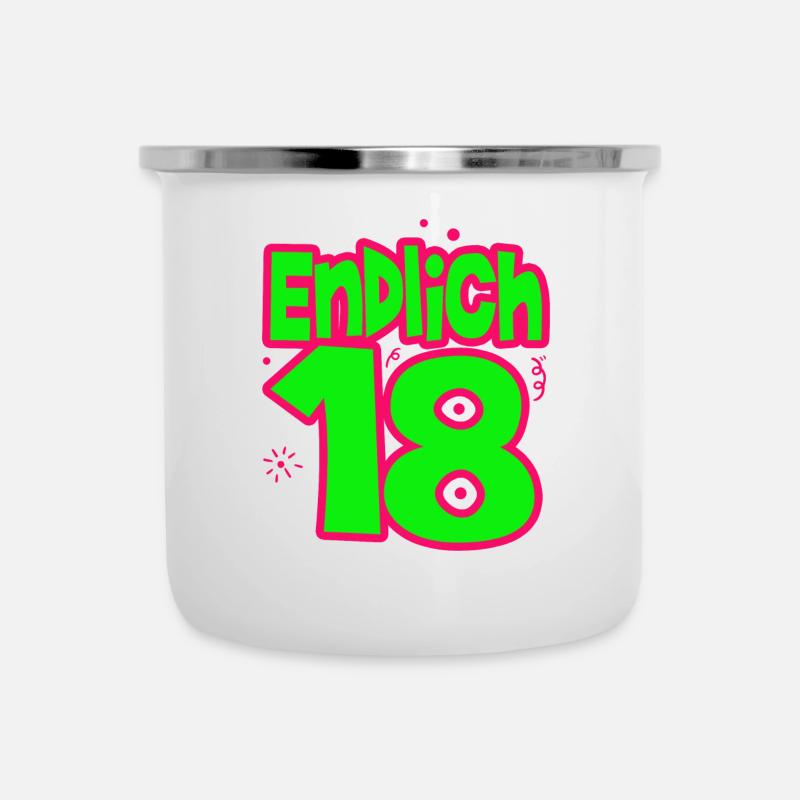 18. Geburtstag - Endlich 18 - Emaille-Tasse - Weiß