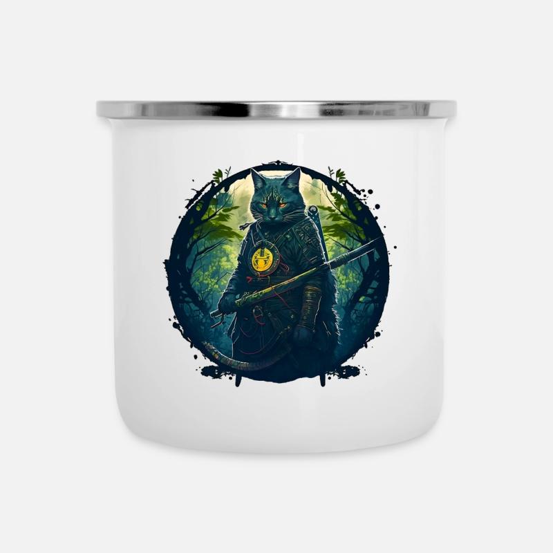 Katze als Samurai in Wald - Emaille-Tasse - Weiß