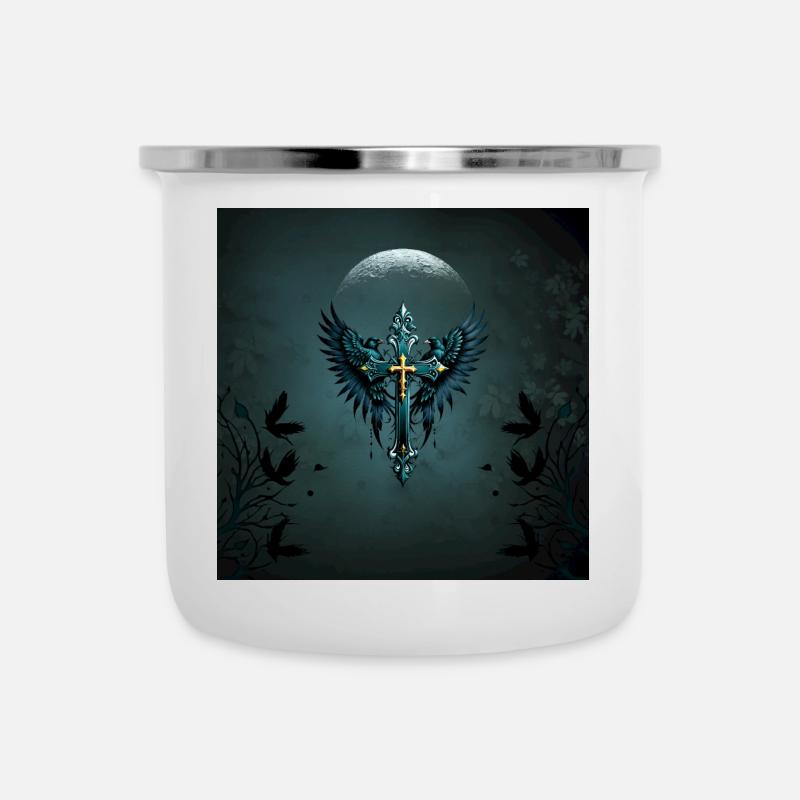 Croix gothique avec des éléments décoratifs et des oiseaux. - Tasse émaillée - blanc