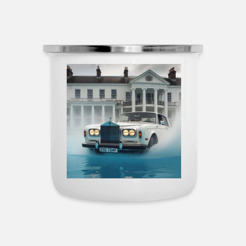 Oldtimer in beleuchteter Wasserfontänenszene - Emaille-Tasse - Weiß