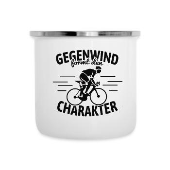 Rennradfahrer "Gegenwind formt den Charakter" - Emaille-Tasse - Weiß - Vorne