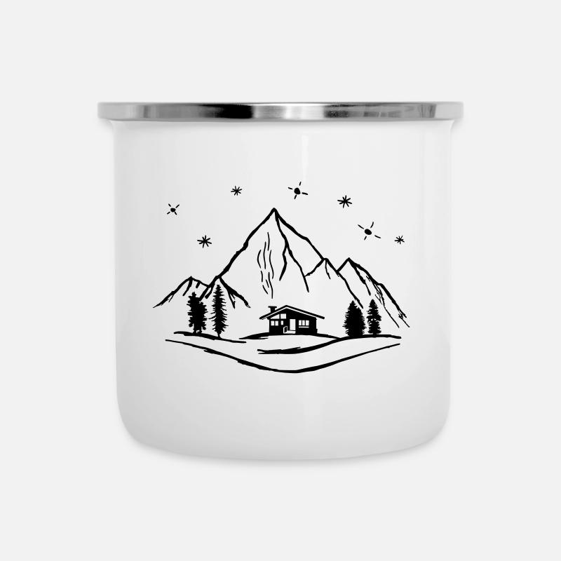 Montagnes, cabane et forêt avec ciel étoilé - Tasse émaillée - blanc