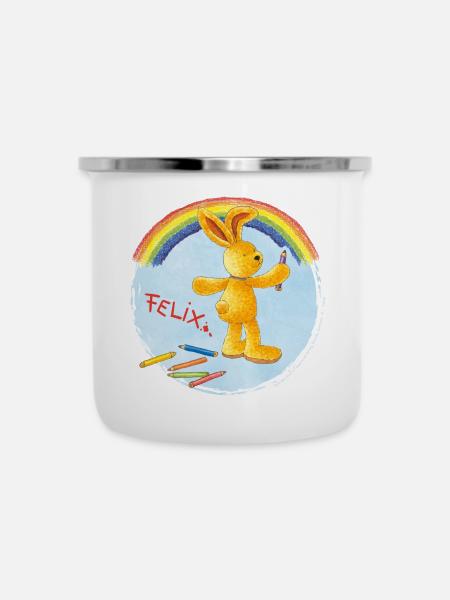 Felix der Hase malt Regenbogen - Emaille-Tasse - Weiß