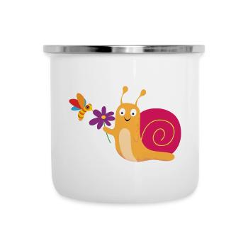 Schnecke mit Blume und Biene - Emaille-Tasse - Weiß - Vorne